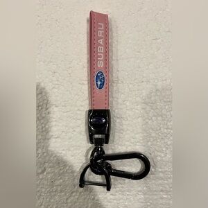 SUBARU Pink, Blue & White Leather Metallic Black Keychain